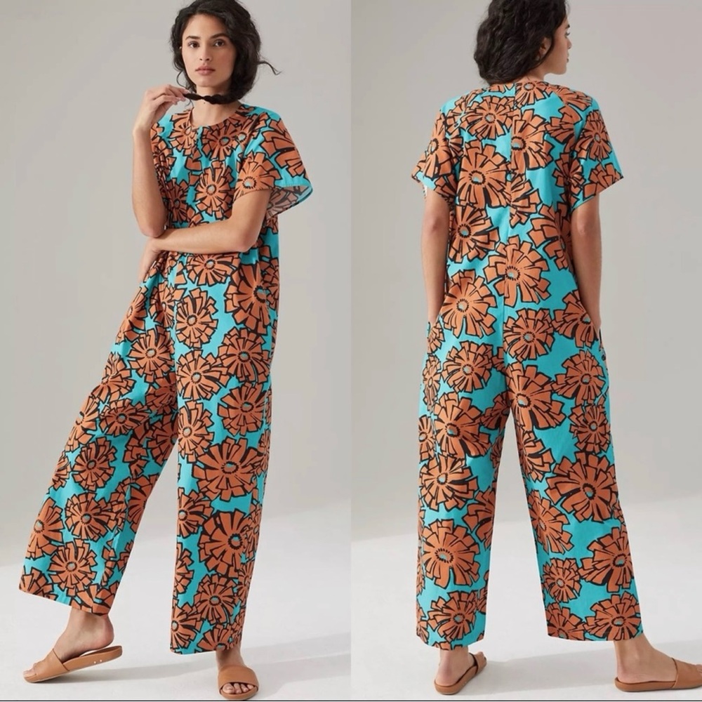 Anthropologie Porridge Effie Teal Floral Cotton Jumpsuit Size Small